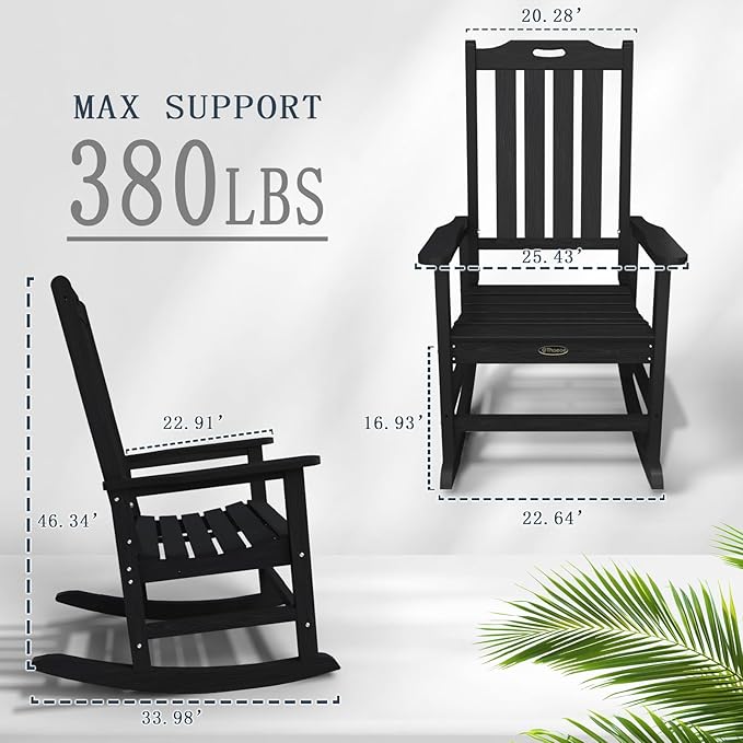 Oversized Rocking Chair Set of 4, Outdoor Rocking Chair for Adults, All Weather Resistant Porch Rocker for Lawn Garden, Black