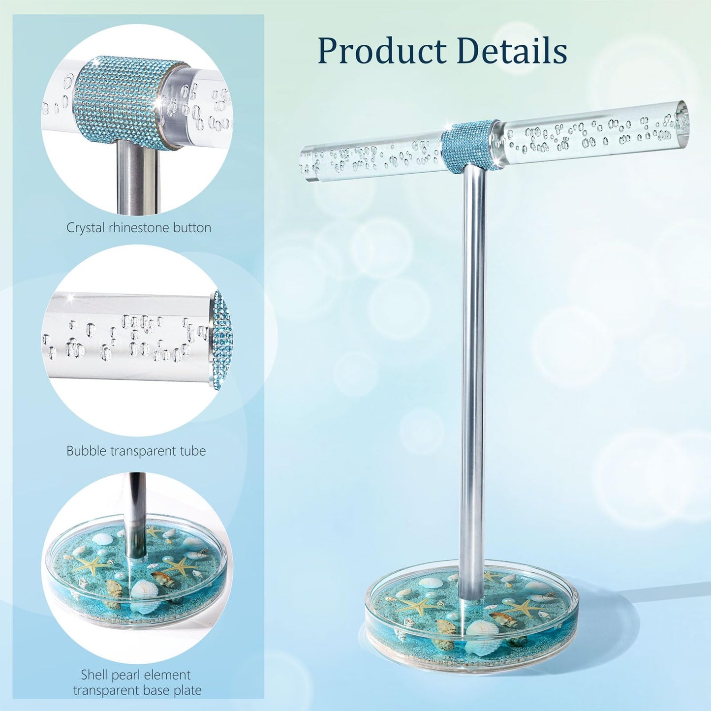 FONMY Jewelry Organizer Countertop Acrylic w/Nature Seashell Handmade,Seascape Standing Jewelry Holder W/Blue crystal for Bedroom Bathroom w/Weighted Base,Unique Gifts