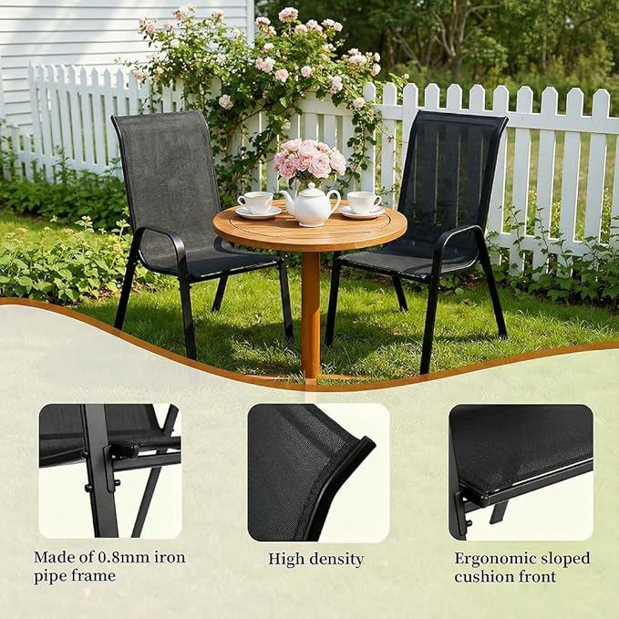 MAMIZO Patio Dining Chairs, Stackable All Weather Teslin Chair, Heavy Duty Outdoor Breathable Chairs Set, w/Armrests, Upgraded Chair FeetW/Strenthened Iron Spacers, 330 LBS (4, Black)