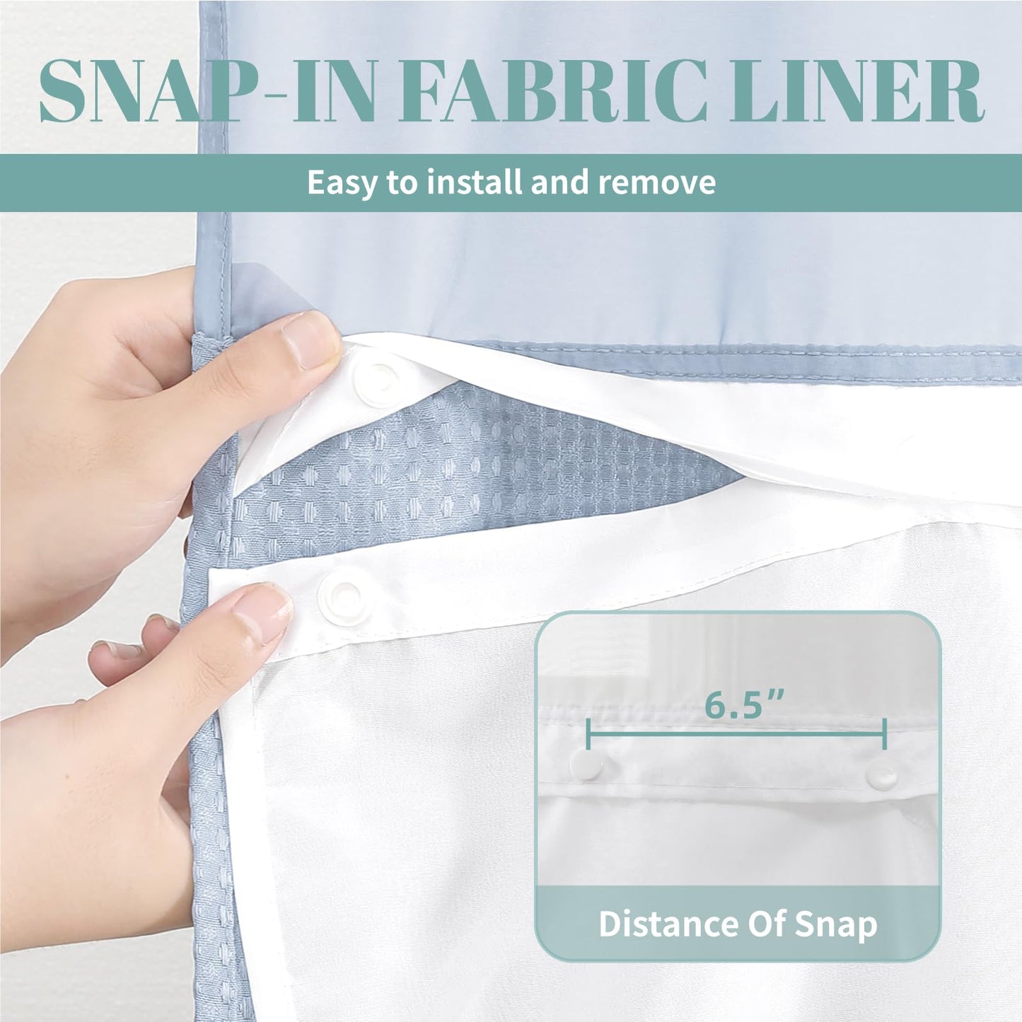 eachope ForstBlue No Hook Waffle Weave Shower Curtain with snap-in Liner Replacement, 230GSM Waterproof Fabric Hotel Shower Curtain Set for Bathroom, Through Mesh Top Window,71Wx77H