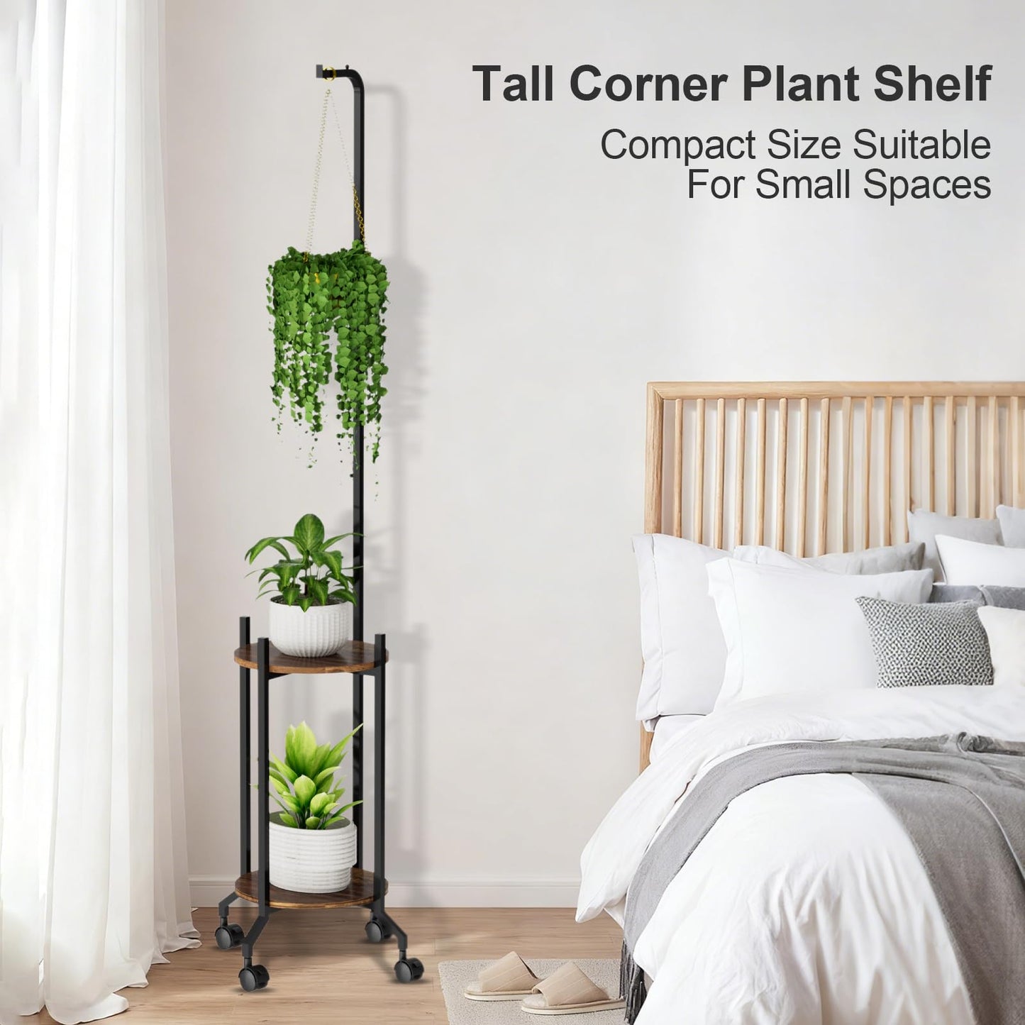 VyGrow Plant Stand Indoor, 2 Tier Hanging Tall Plant Shelf with Wheels, 3 Potted Corner Flower Stand Metal Plant Holder, Plant Shelves for Living Room, Bedroom, Patio, Outdoor, Black