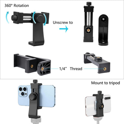 Ruittos Phone Tripod Mount Adapter with Camera Remote Controller, Cell Phone Holder Clip with Adjustable Clamp Compatible with iPhone, Samsung, HTC, Huawei etc., Include Wrist Strap
