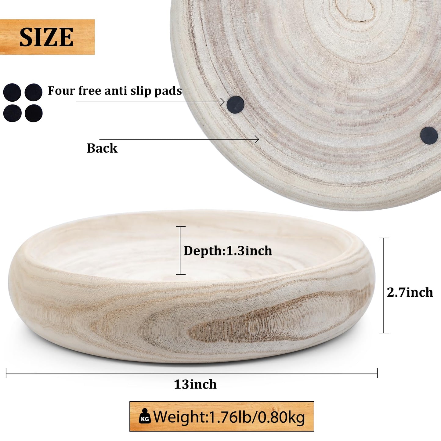 SAMGUYUE Wooden Decorative Bowls, 13 Inch Round Paulownia Wood Centerpiece Bowls for Home Decor, Natural Fruit Bowl for Coffee Table, Key Tray for Entryway Moss Holder (Wooden)