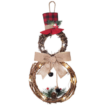Lvydec Lighted Christmas Wreath Decoration - 16 x 8 Inch Grapevine Wreath with Hat and Bow Snowman Shape Wreath for Front Door Home Wall Decor