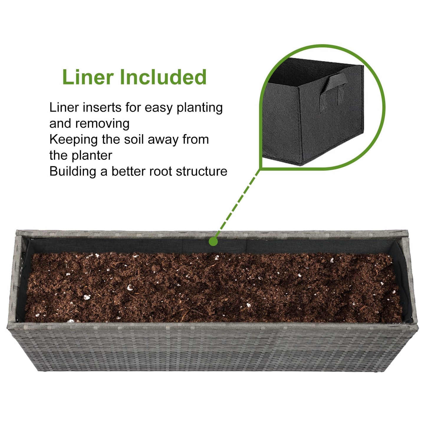 LEWIS&WAYNE Large Rectangular Block Planter Box Handmade Wicker Tall Planters for Outdoor Plants with Removable Liners Modern Planter for Indoor Outdoor Patio Deck - Gray, 36''x12''x16''