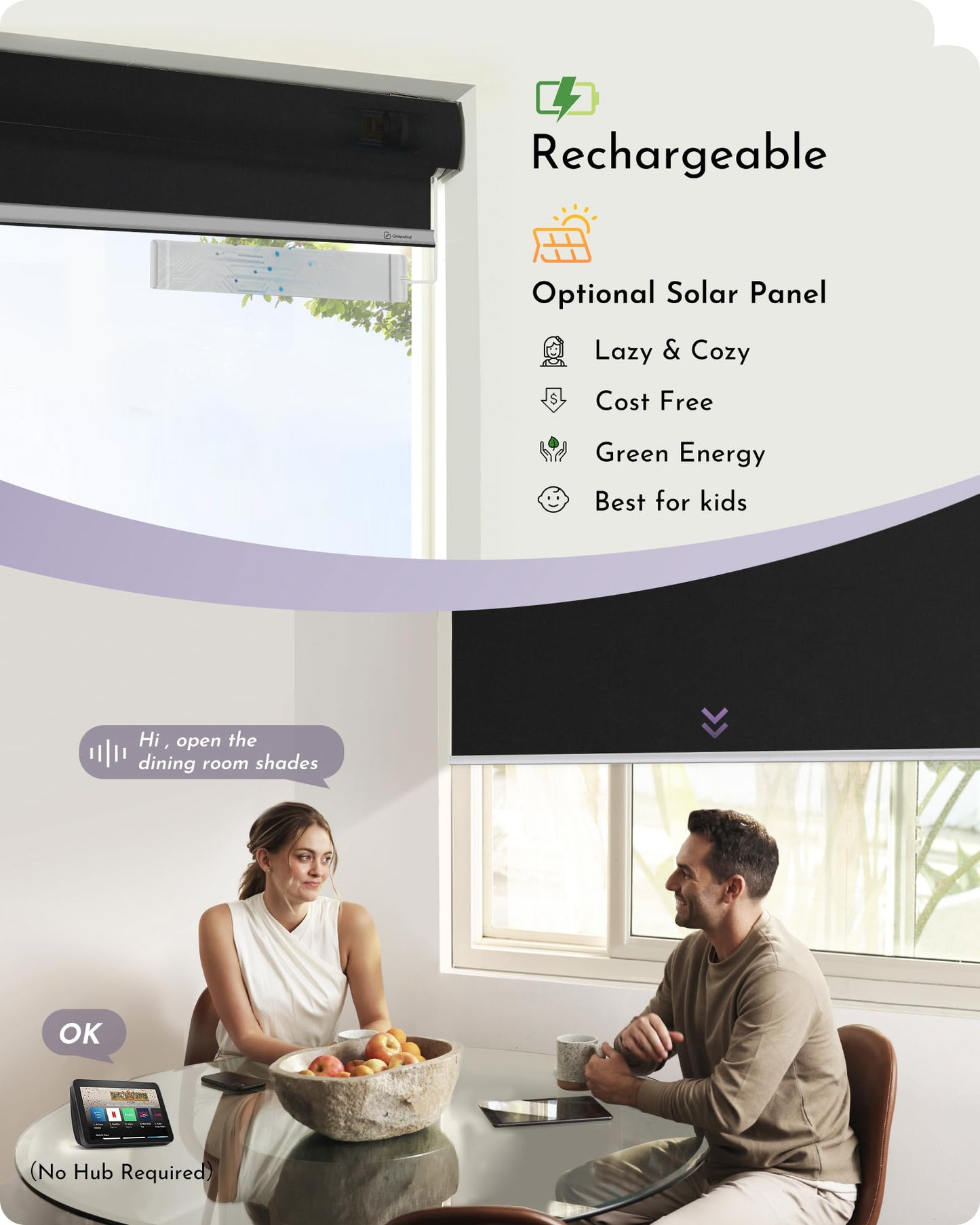 Graywind Motorized Roller Shade Work with Alexa Google 100% Blackout Rechargeable Smart Blinds Remote Control Battery Motor Cordless Window Shades, Customized Size (Matt Black)