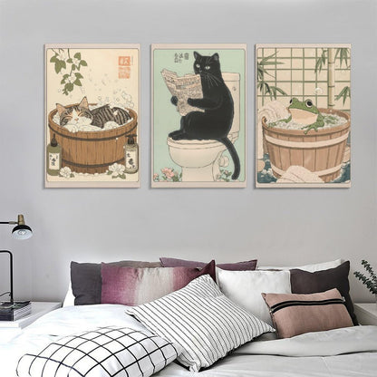 KERAXL Anime Cats Bathroom Poster Art Print, Funny Animal Bathroom Japanese Culture Wall Art Decor Cute Toilet Unframe 08×12inch(20×30cm) Set Of 3
