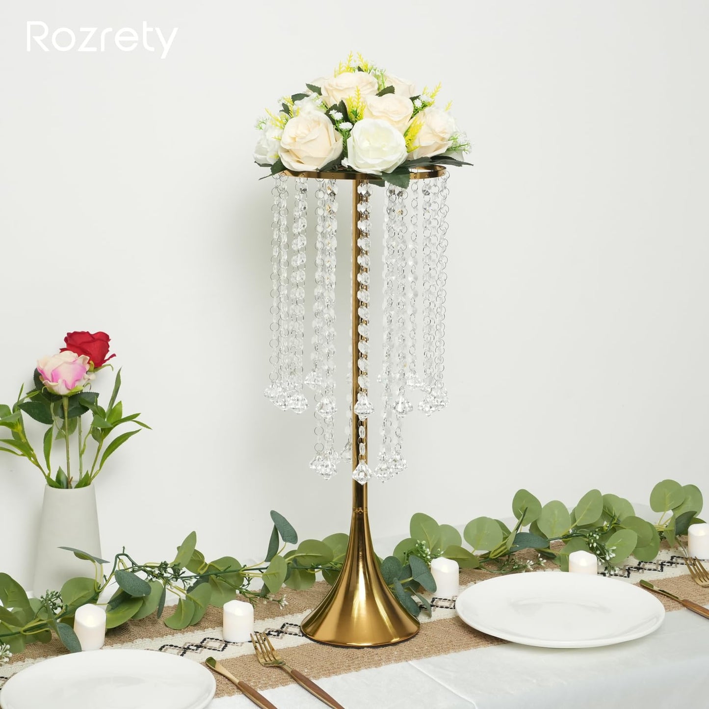 4 Pcs Gold Centerpieces for Table, Rozrety Wedding Centerpiece Vases for Tables 22inch Tall Metal Crystal Flower Stand for Party Event Wedding Anniversary Dinner Home Decorations