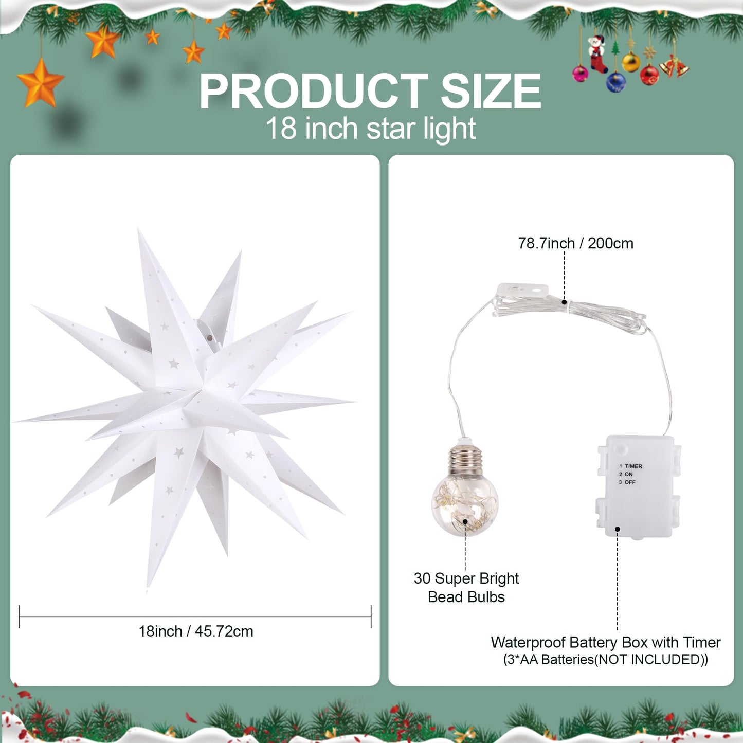 18" White LED Moravian Star Outdoor Light,Waterproof 3D Christmas Tree Topper Lamp with Timer Function,Hanging Outdoor Christmas Light for Holiday Porch Room Party Decoration