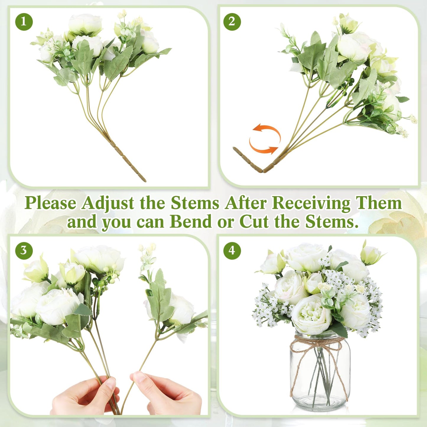 Zeyune 12 Sets Mason Jar Centerpiece Table Decorations, Artificial Peony Baby's Breath Flower Bouquets, Faux Flowers with Vase, Rustic Decor Gifts for Home, Wedding, Holiday (Green)