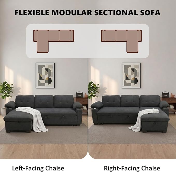 93" L Shaped Sleeper Sofa Bed, Pull Out Sectional Couch