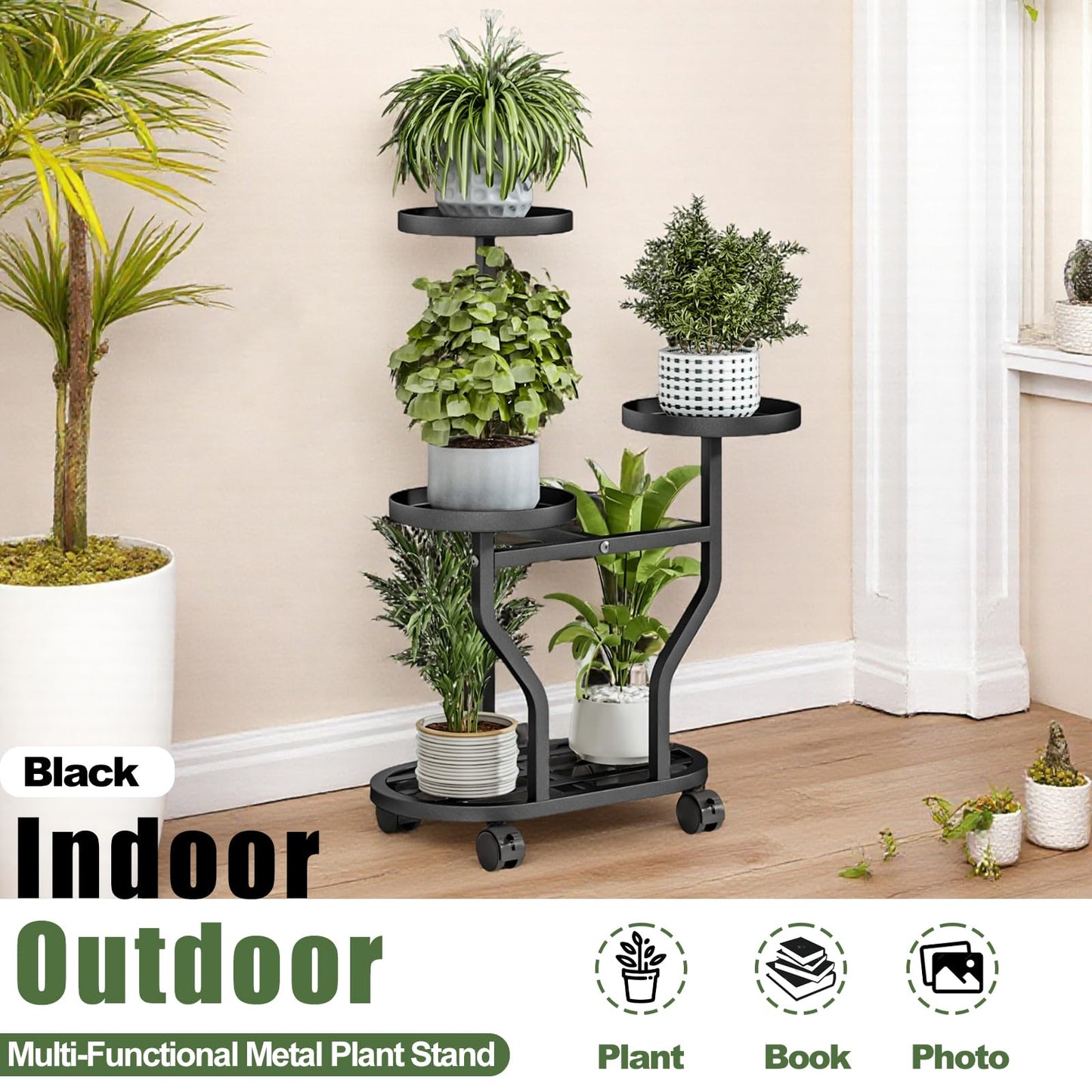 YIZAIJIA Plant Stand with Wheels 3 Tier Metal Plant Holder Corner Flower Shelf for Multiple Plants Display Rack for Bedroom Living Room Balcony Garden Black (Black, 3 Tier)