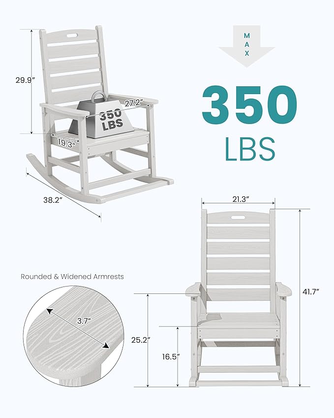SERWALL Outdoor Rocking Chair Set of 2, Oversized Rocking Chair with Footboard for Adults, HDPE All Weather Resistant Rocking Chairs for Patio, 350lbs Weight Capacity, White