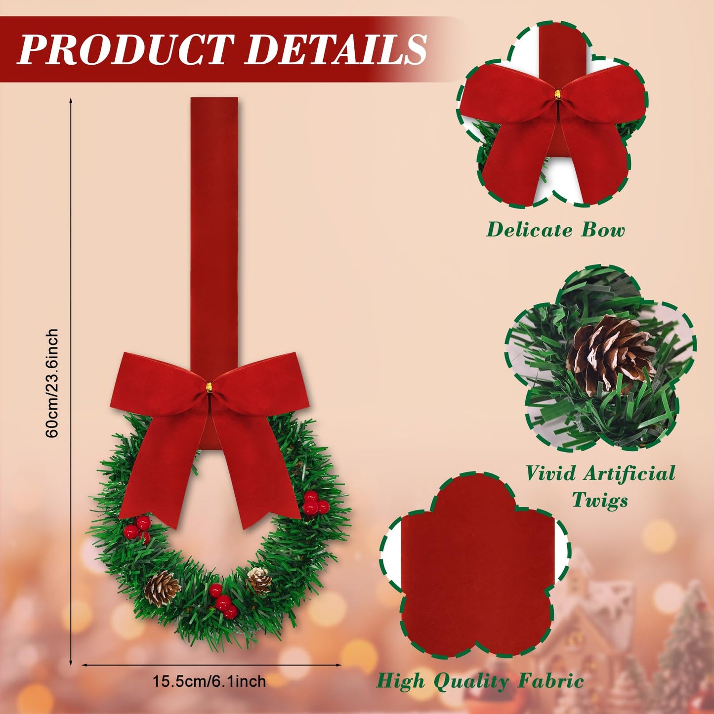 10 Pcs 6" Small Christmas Kitchen Cabinet Wreaths with Ribbon Mini Kitchen Cabinet Christmas Decor for Window Door (Velvet Red)