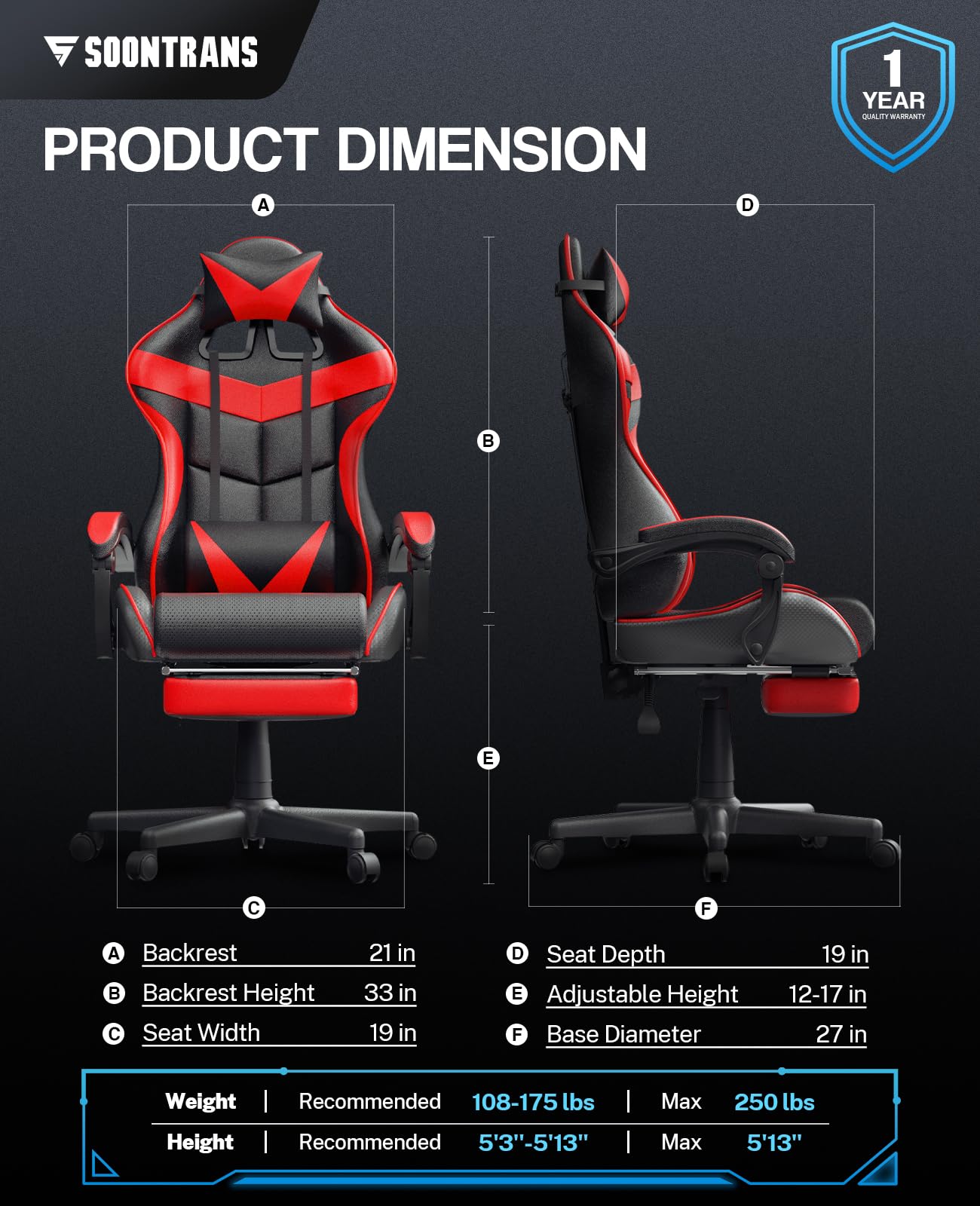 Soontrans Red Gaming Chairs with Footrest,Racing Gaming Chair,Computer Gamer Chair,Ergonomic Game Chair with Adjustable Headrest and Lumbar Support