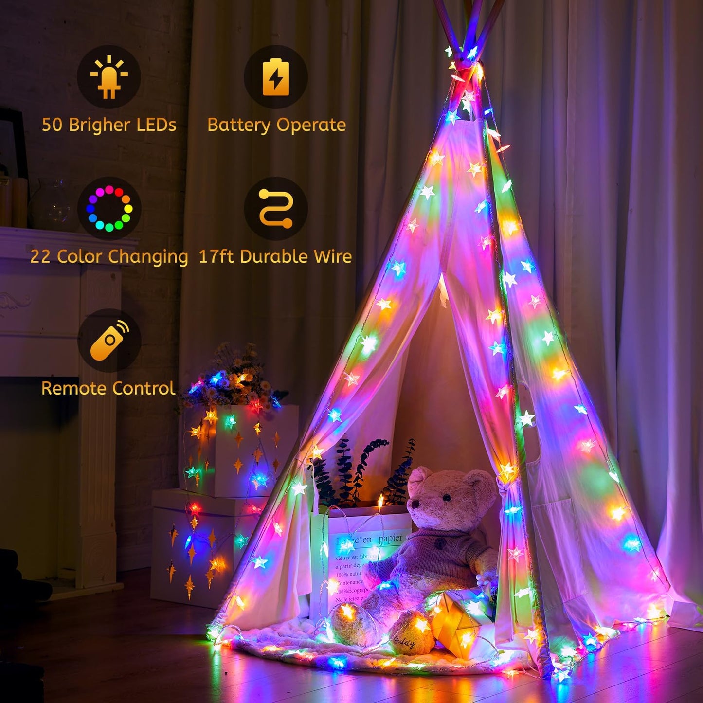 Minetom Star String Lights Battery Operated - 17 ft 50 LED Color Changing Star Fairy Light with Remote and Timer, 16 Single Colors and 7 Modes Starry Lights for Bedroom Dorm Tent Bed Patio Christmas