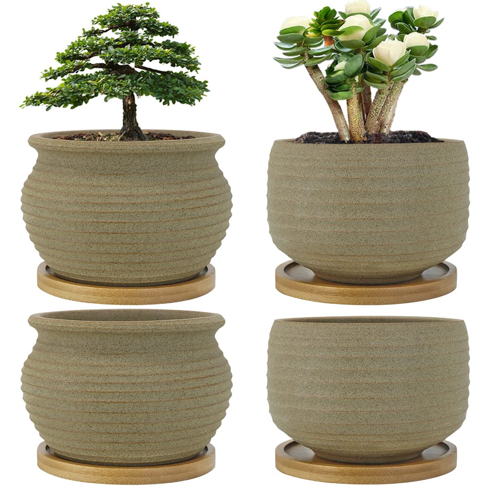 MUZHI Rustic Small Plant Bonsai Pot with Bamboo Tray Set of 4, Unglazed Ceramic Cactus Planter Pot Indoor with Drainage Hole 4Inch 5Inch