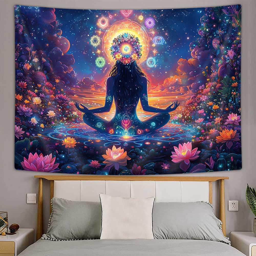 DYNH Chakra Tapestry,Yoga Meditation Wall Hanging,Psychedelic Hippie Galaxy Space Lotus Spiritual Tapestries Zen Room Decor for Bedroom Living Room,60X40IN