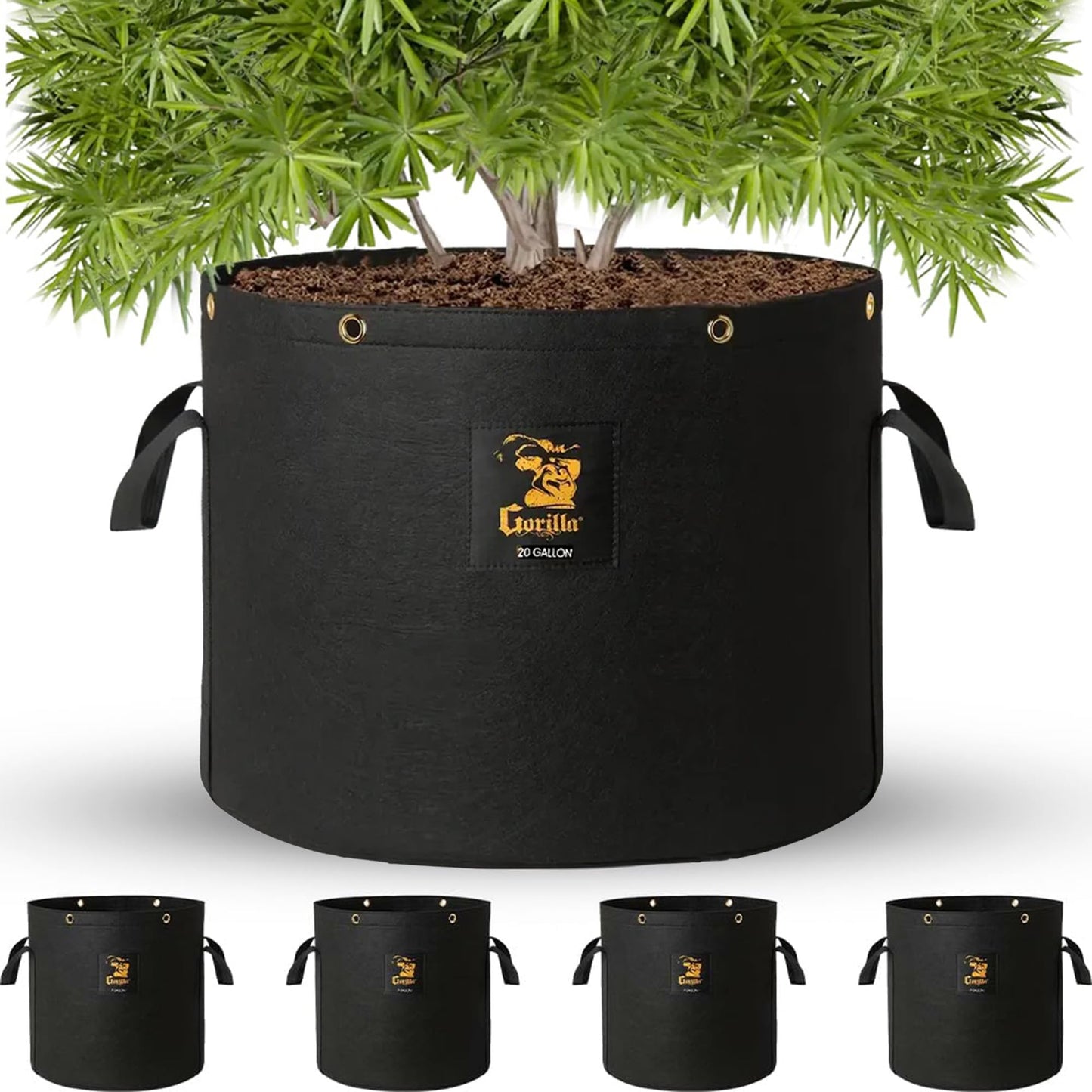 Gorilla Grow Tent 20 Gallon Fabric Grow Bags 4-Pack - 600g Non-Woven Fabric, BPA-Free, Reinforced Handles & 360-Degree Metal Grommets - Reusable Air Pruning Pots for Indoor & Outdoor Plants, Gardens