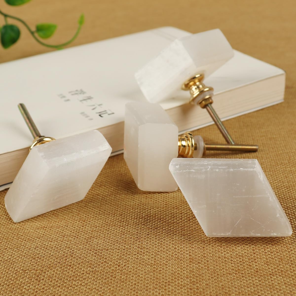 JIC Gem 4 Pack Rhombus White Selenite Crystal Cabinet Knobs Gemstone Drawer Pulls Home Kitchen Decor