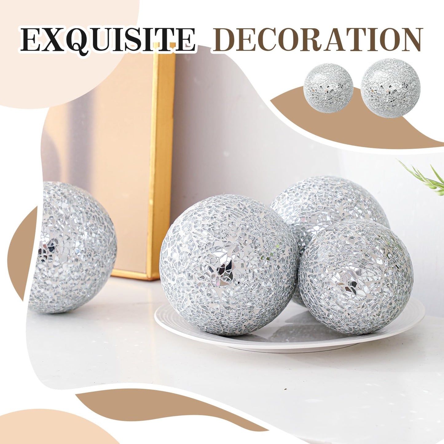 Qinyoung Silver 8 Pcs Decorative Ball for Bowls, 3'' 4'' Glass Mosaic Sphere Decorative Orbs for Centerpiece Bowls Vase Fillers, Wedding, Party, Coffee Table & Home Decor