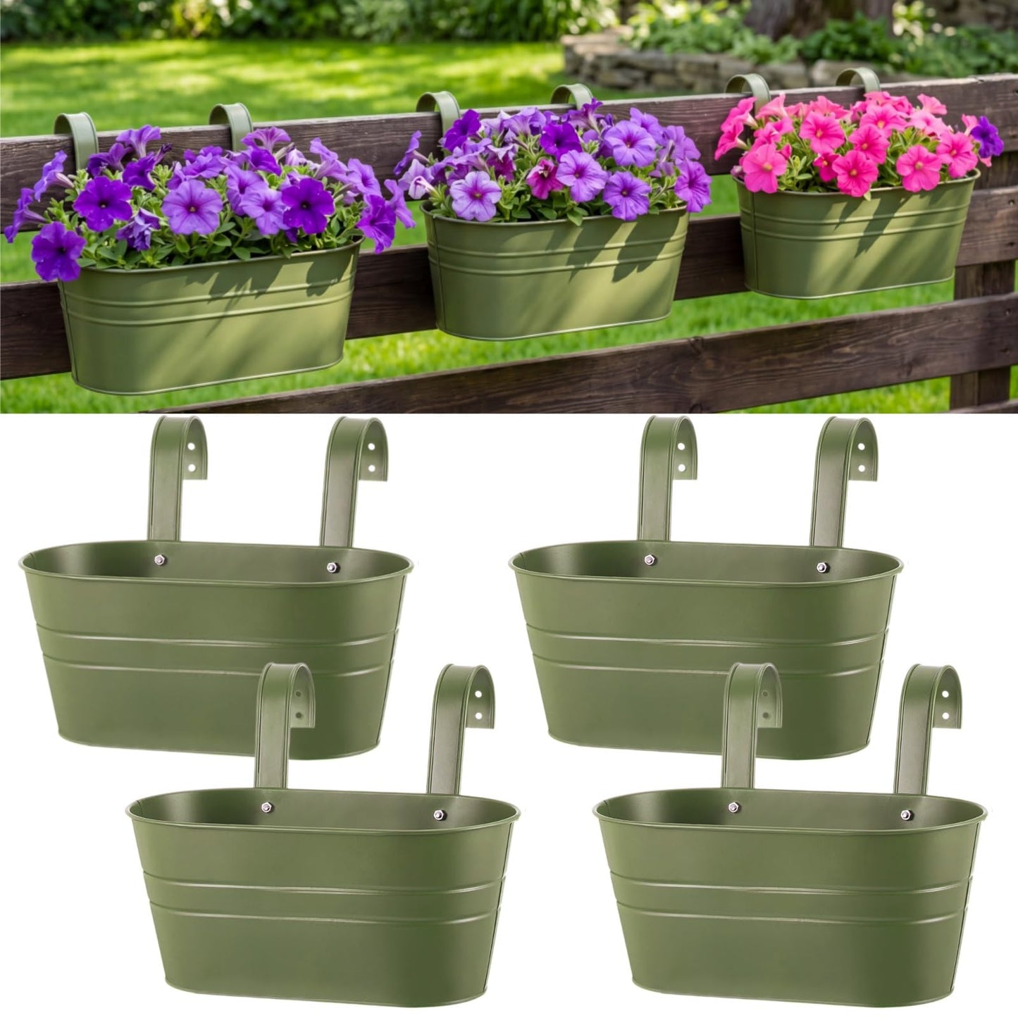 Hicarer 4 Pcs Metal Hanging Flower Pots for Railing Fence, 10.6 Inch Hanging Rail Planters for Outdoor Window Balcony Plants Holder with Hooks for Garden Yard Home Decor (Green)
