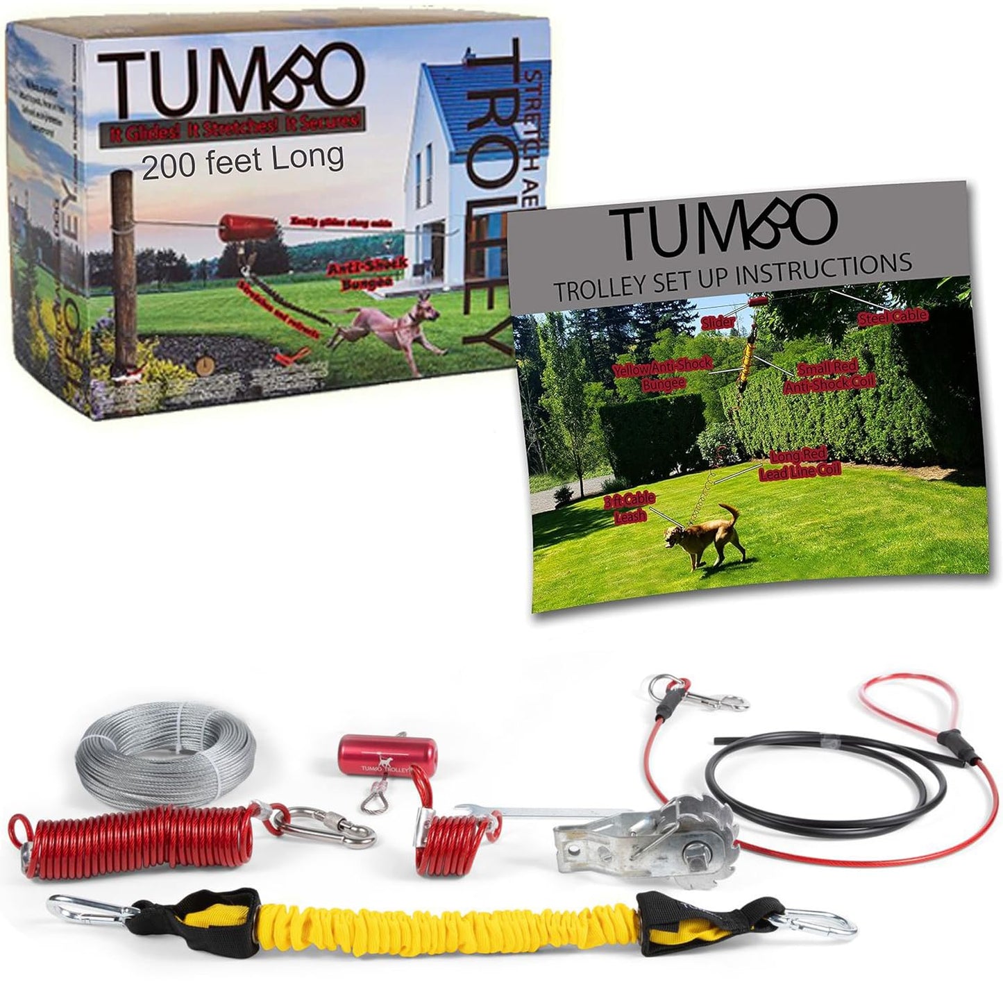 Tumbo Trolley 100ft - Anti-Shock Aerial Dog Runner for Yard Small and Large Dog - Heavy Duty Dog Gear - Best Dog Run and Zipline for Backyards - Trolley System Camping - 100ft / 150ft / 200ft