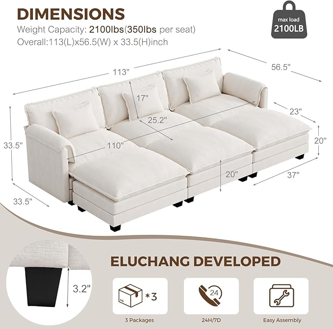 ELUCHANG 113'' Modular Sectional Cloud Couch, Modern Comfy Chenille Sleeper Sofa
