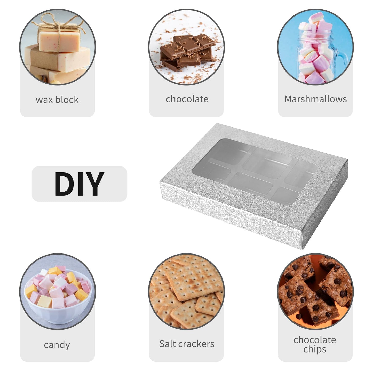 50 Pcs Silver Glitter Gift Boxes for Wax Melts 6 Cavity Plastic Wax Melt Molds with Box Crystal Wax Melts Containers Boxes Wax Melt Cube Trays for Wrapping Gifts Wax Cubes Wax Tarts Wax Block