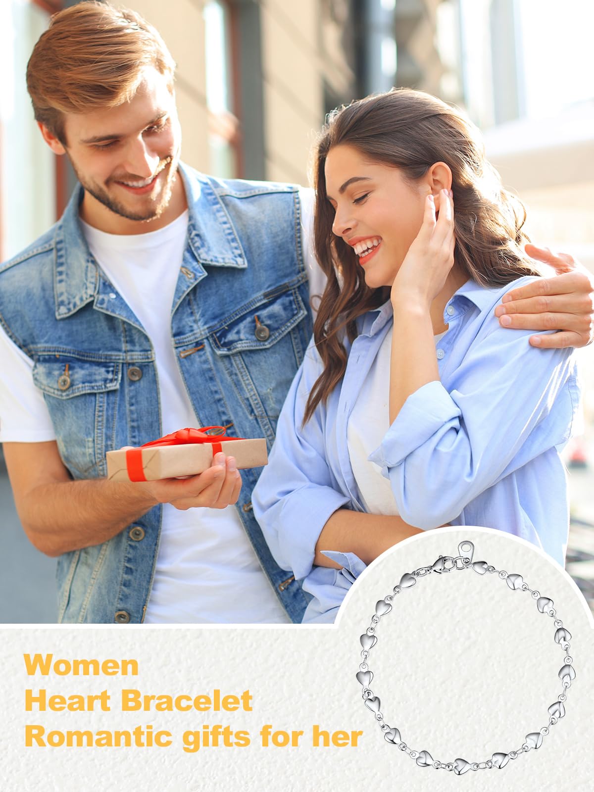 U7 Men Women Stainless Steel Heart Link Chain Bracelet, 8 Inch