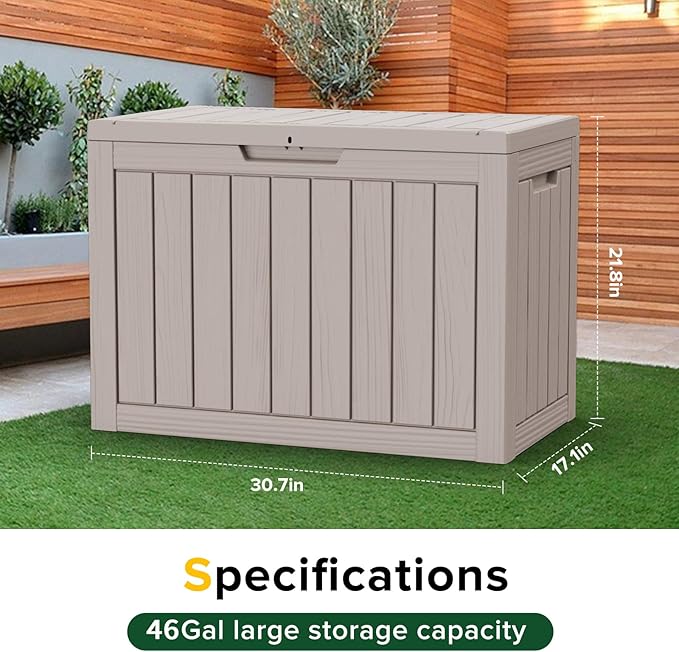 46 Gallon Outdoor Deck Box, Lockable Waterproof Outdoor Storage Boxes For Garden Tools,Indoor Cushions,Accessories Outside Storage Resin Weatherproof Container(Grey)