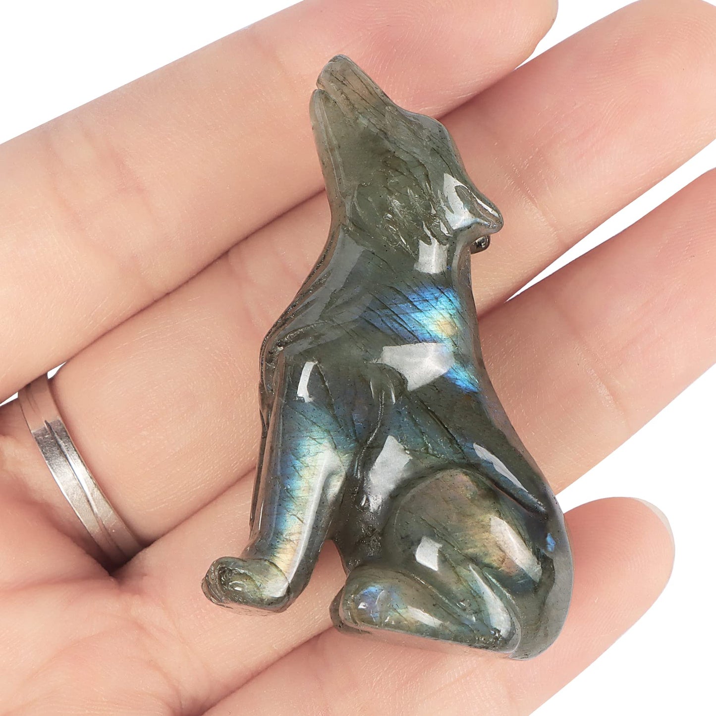 Artistone Labradorite Crystal Wolf Statue 2.0 inch Hand Carved Gemstone Wolf Figurine Small Animal Carvings Collective Healing Stones for Home Decor Reiki Gifts