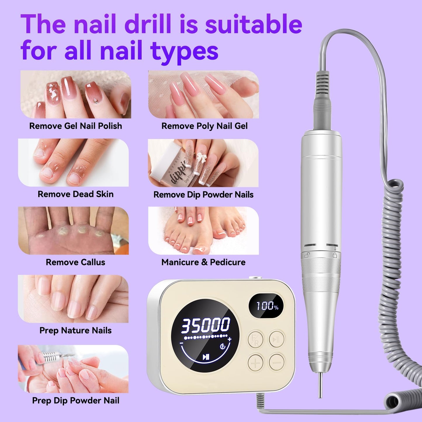 Makartt Electric Nail Drill - 35000RPM Rechargeable Efile with Coreless Motor, Nouvella Portable Nail Filer Machine for Acrylic Gel Removal with Drill Bits Set, Black