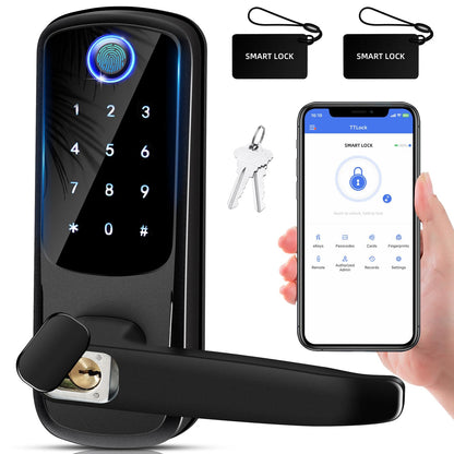 Smart Door Lock with Handle, Keyless Entry Digital Lock for Front/Interior Door,Fingerprint Exterior Locks, Electronic Deadbolt with Keypad,Biometric Door Knob,Smart Locks for Home, Apartment, Office
