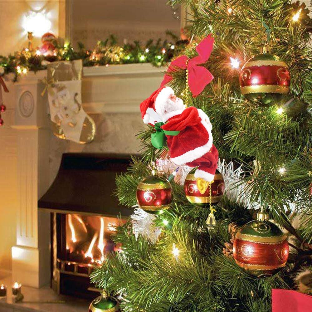 SKLOER Electric Animated Climbing Santa Claus 2022 Christmas Ornament On Rope Ladder, Indoor/Outdoor Hanging Christmas Tree Decoration