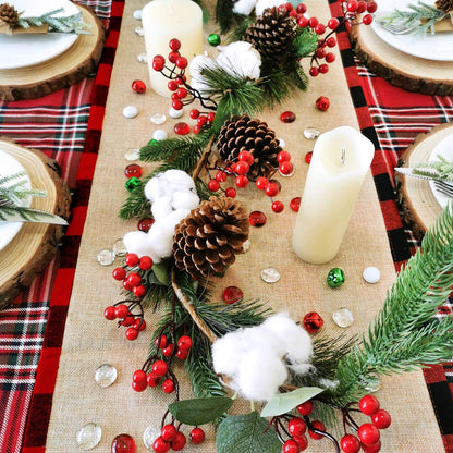 Artificial Christmas Pine Garland with Berries Pinecones Spruce Eucalyptus Leaves Cotton Balls Winter Greenery Garland for Holiday Season Mantel Fireplace Table Runner Centerpiece Décor 6 feet