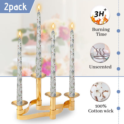 Spring Floral Candle Sticks 10 Inch Long Taper Candle Hyacinth Printed Tapered Candlesticks for Home Wedding Holiday Party Decor Set of 2