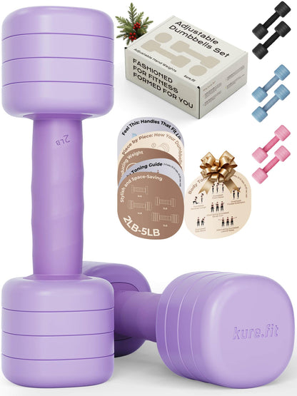 Adjustable Dumbbell Set｜2LB 3LB 4LB 5LB Light Hand Weights for Women｜One-Twist Weight Adjustment｜Non-Slip Curved Grip Handle｜Free Weights for Home Gym, Rehab, Pilates, Yoga, Strength Training