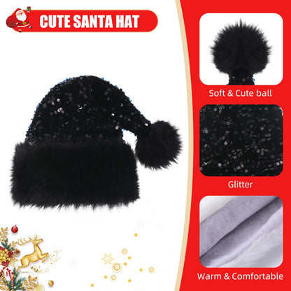 Slsxip Personalized Sequin Santa Hat for Adults, Black Glitter Christmas Party Hat, Xmas Halloween New Year Holiday Festive Headwear
