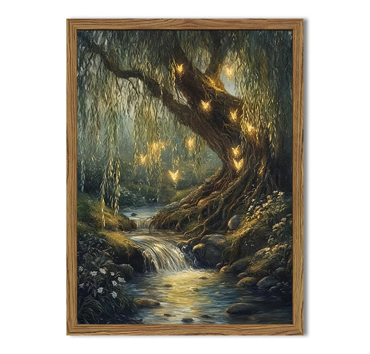 Vintage Forest Fairy Wall Art Whimsical Cottagecore Tree Fairy Wall Decor Painting Magical Landscape 3D Texture Hand Drawn Sandstone Artwork for Bedroom Living Room 12x16 inch Wood Framed