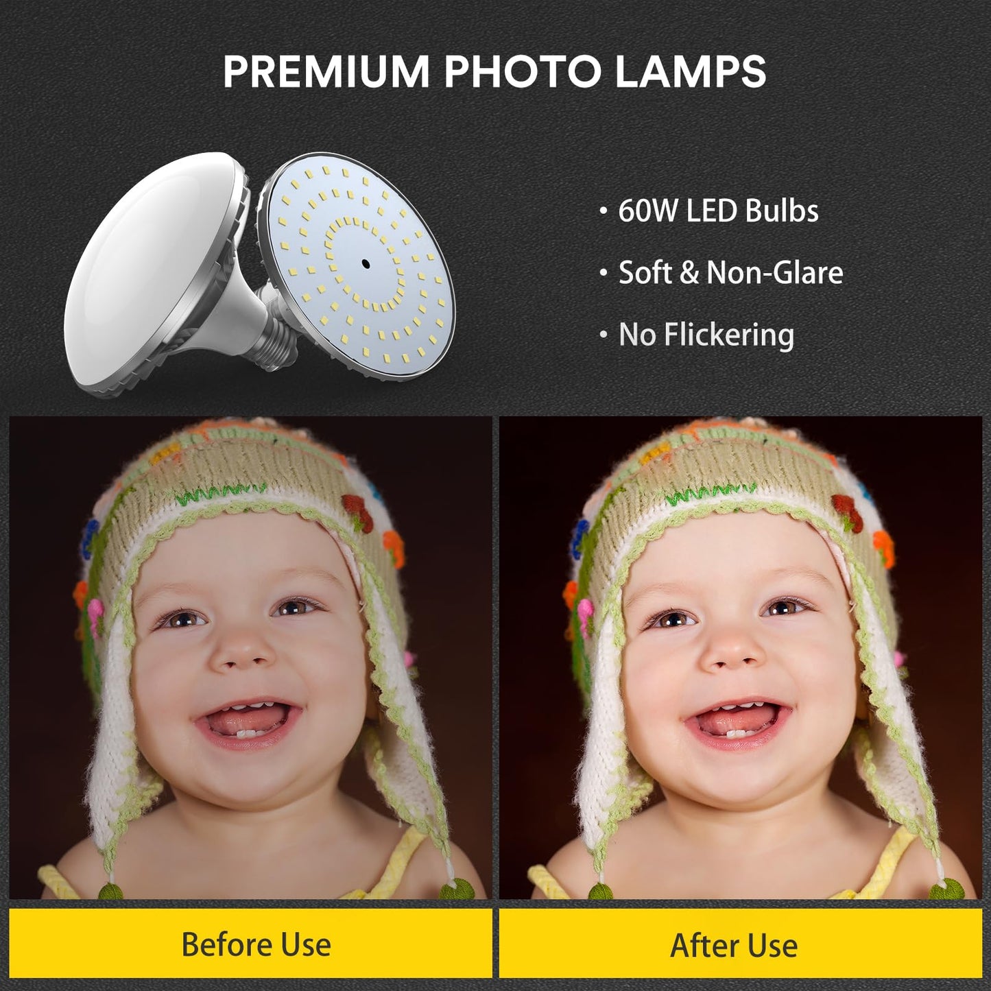 RALENO Softbox Lighting Kit, 20X20-Inch Photography Lighting Kit with LED Bulbs(60W | 5500K | CRI>97 | 3m Cable) & 80'' Tall Light Stands, Soft Box for Recording/Portrait Photography | Model: PS70