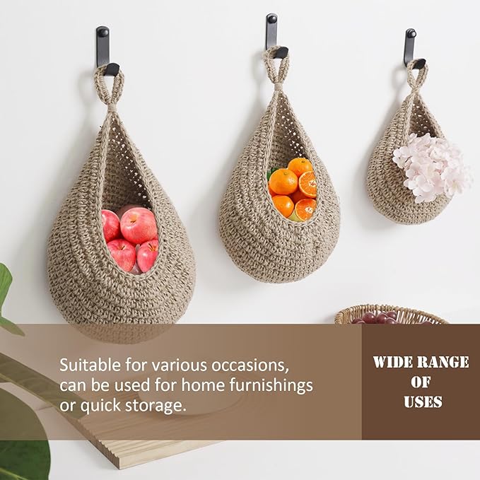 Hanging Fruit Basket Set of 3, Boho Wall Hanging Storage Basket