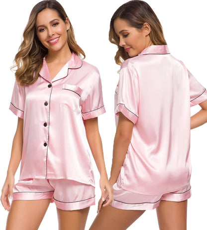 SWOMOG Womens Silk Satin Pajamas Set Short Sleeve Sleepwear Button Down Top and Shorts Loungewear 2 Piece Pjs Set XS-3XL