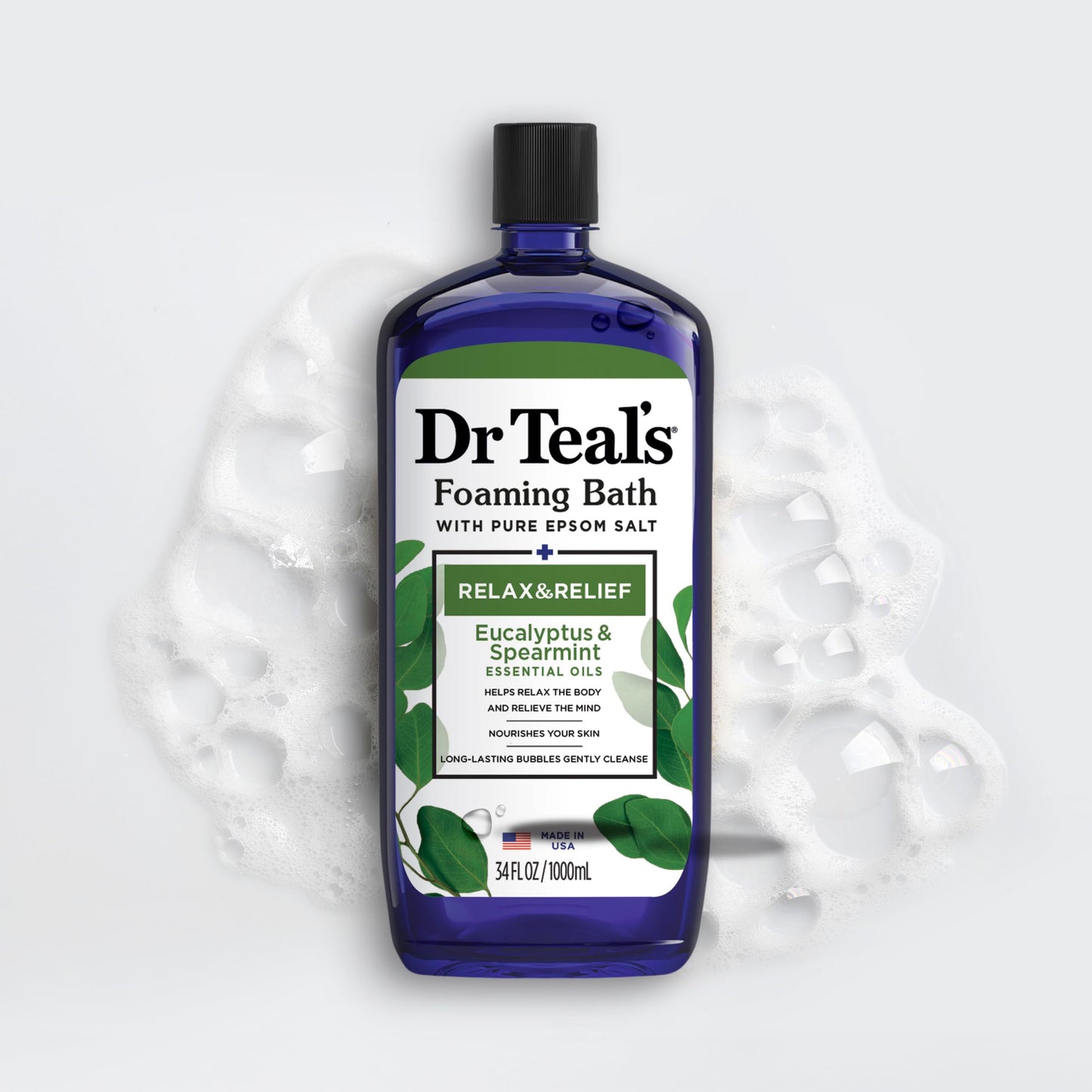 Dr Teal's Foaming Bath with Pure Epsom Salt, Relax & Relief with Eucalyptus & Spearmint, 34 fl oz (Pack of 2)