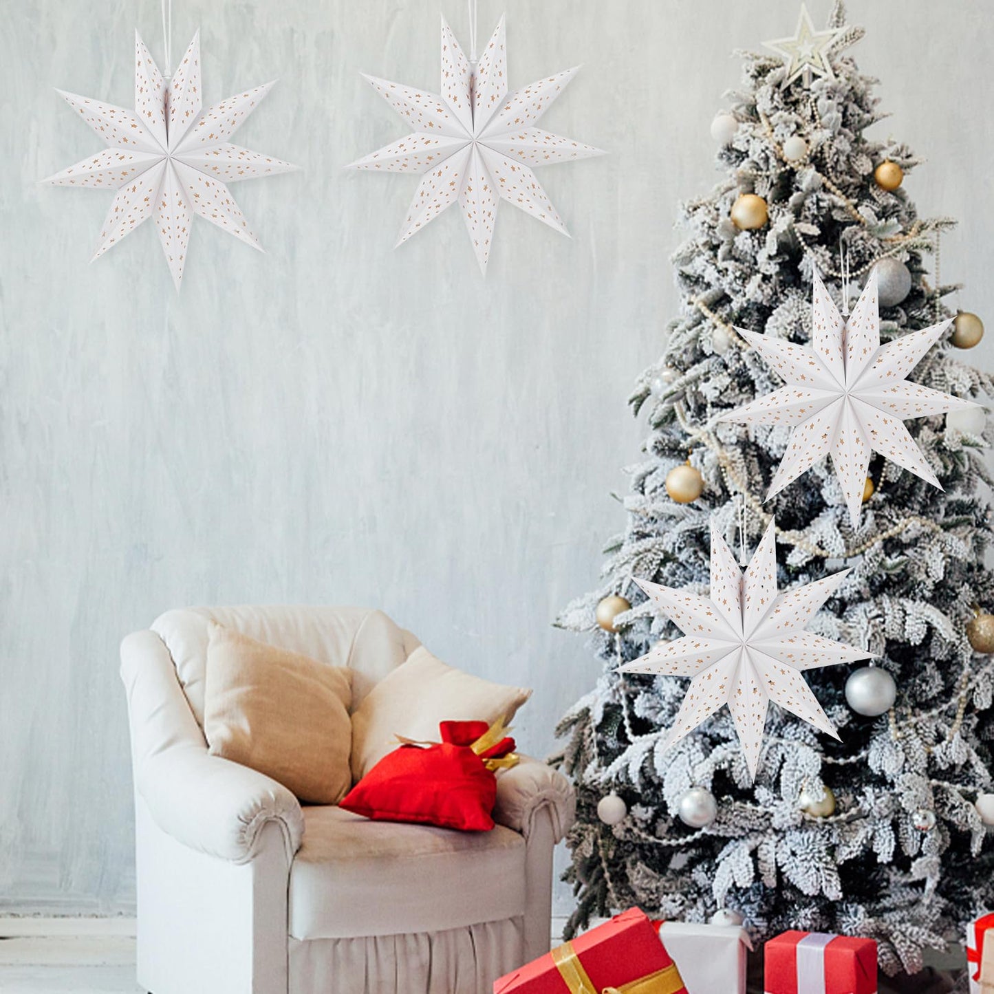 BESPORTBLE 3Pcs White Paper Star Lantern - 35cm Christmas Wedding Party Decor - Hanging Hollow Out Star Paper Lampshade for Holiday New Year Home Decor (Does not Include Lights)