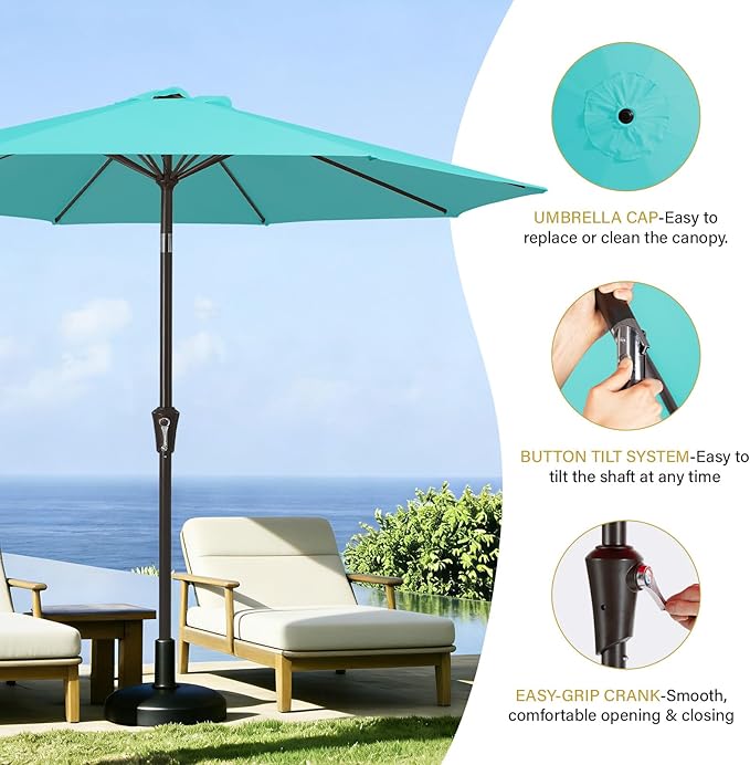 MEWAY 9ft Patio Umbrella Outdoor Table Umbrellas with Push Button Tilt and Crank, Market Umbrella 8 Sturdy Ribs for Deck, Garden, Pool and Backyard, Teal