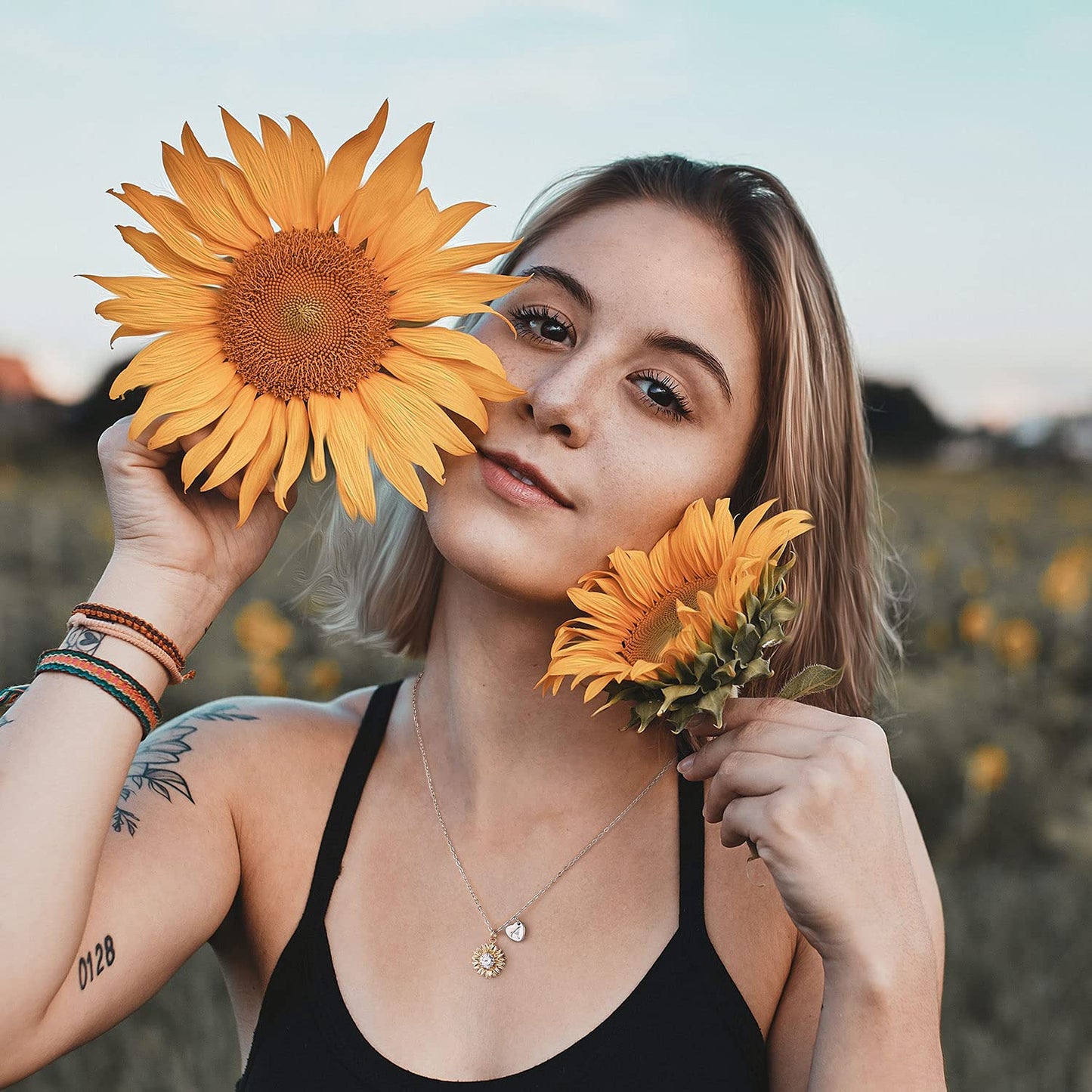 MONOZO Initial Sunflower Necklace for Women Trendy, 14k Gold Plated Sunflower Necklace Pendant CZ Heart Letter Initial Necklace You Are My Sunshine Gifts Sunflower Jewelry S