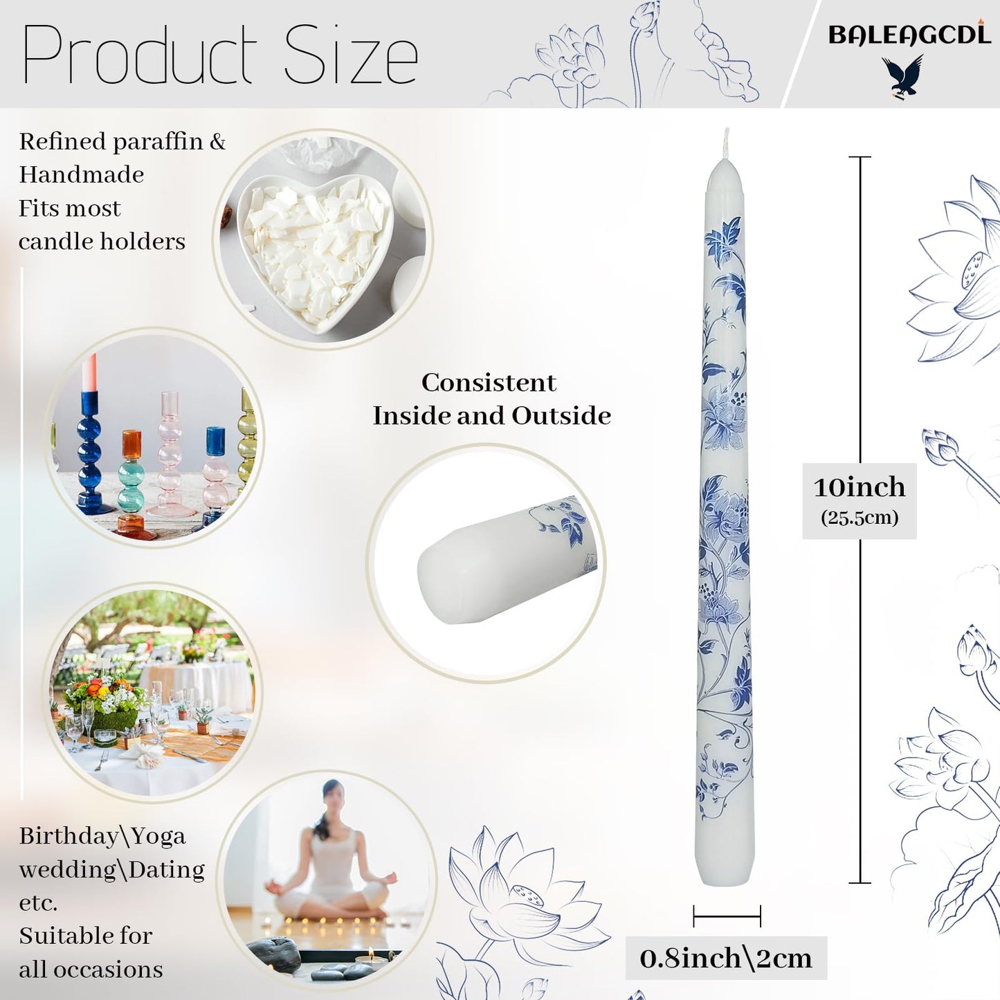Chinoiserie Printed Taper Candle White with Water Lily Floral Candlesticks 10 Inch Drip Handmade Long Tapered Candles, Set of 2 for Wedding & Home Decor