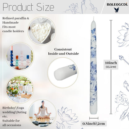 Chinoiserie Printed Taper Candle White with Water Lily Floral Candlesticks 10 Inch Drip Handmade Long Tapered Candles, Set of 2 for Wedding & Home Decor
