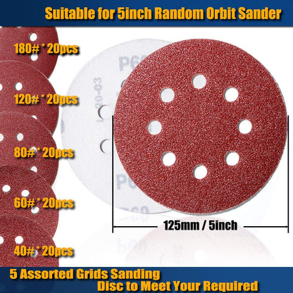 100pcs 125mm Sanding Discs, (Hook and Loop 20 x 40/60/80/120/180 Mixed Grit), 8 Hole 5 Inch Round Sanding Discs Pads for Random Orbital Sander by AniSqui